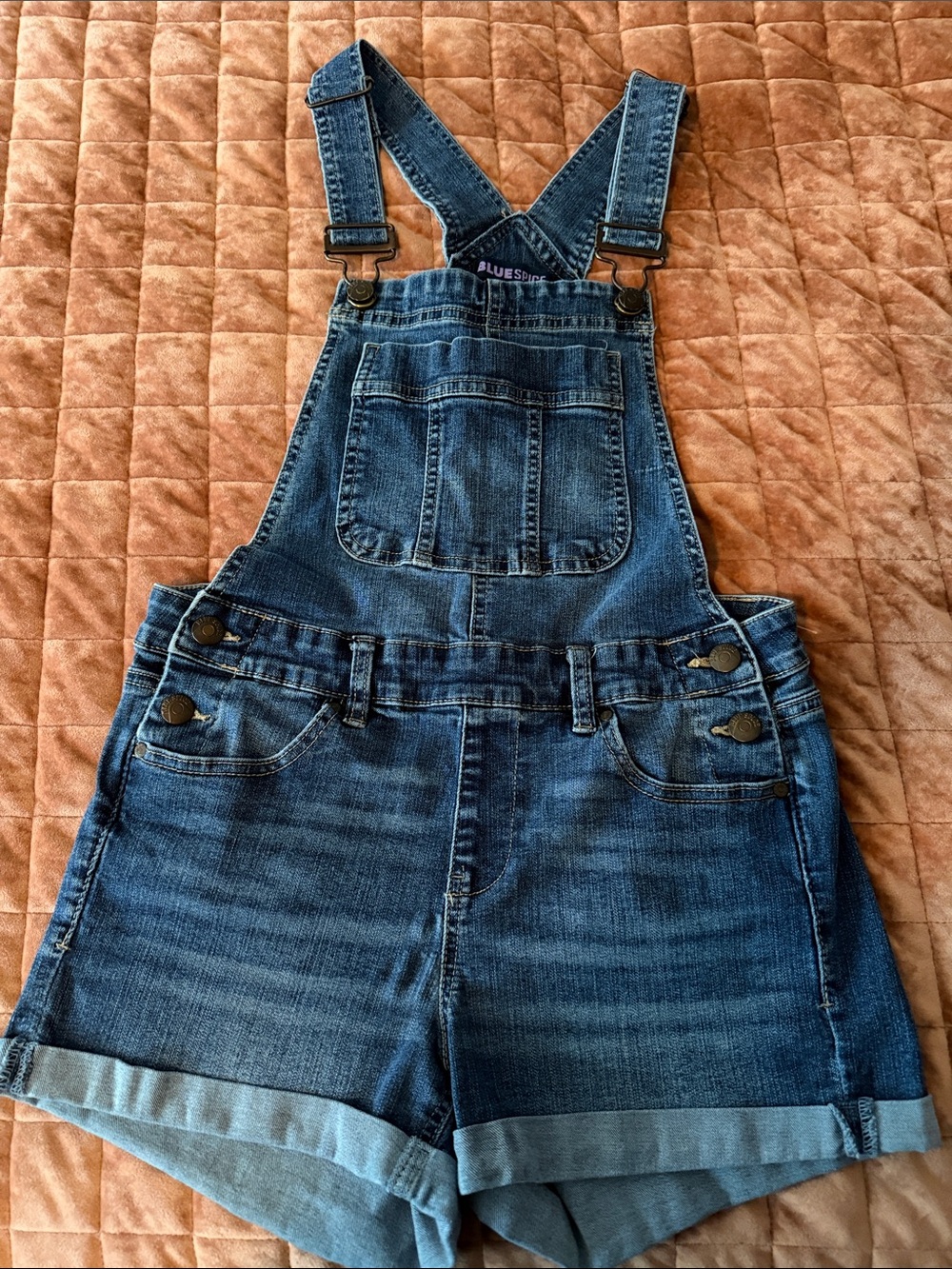 Juniors 5 Blue Denim Short Overalls - Blue
